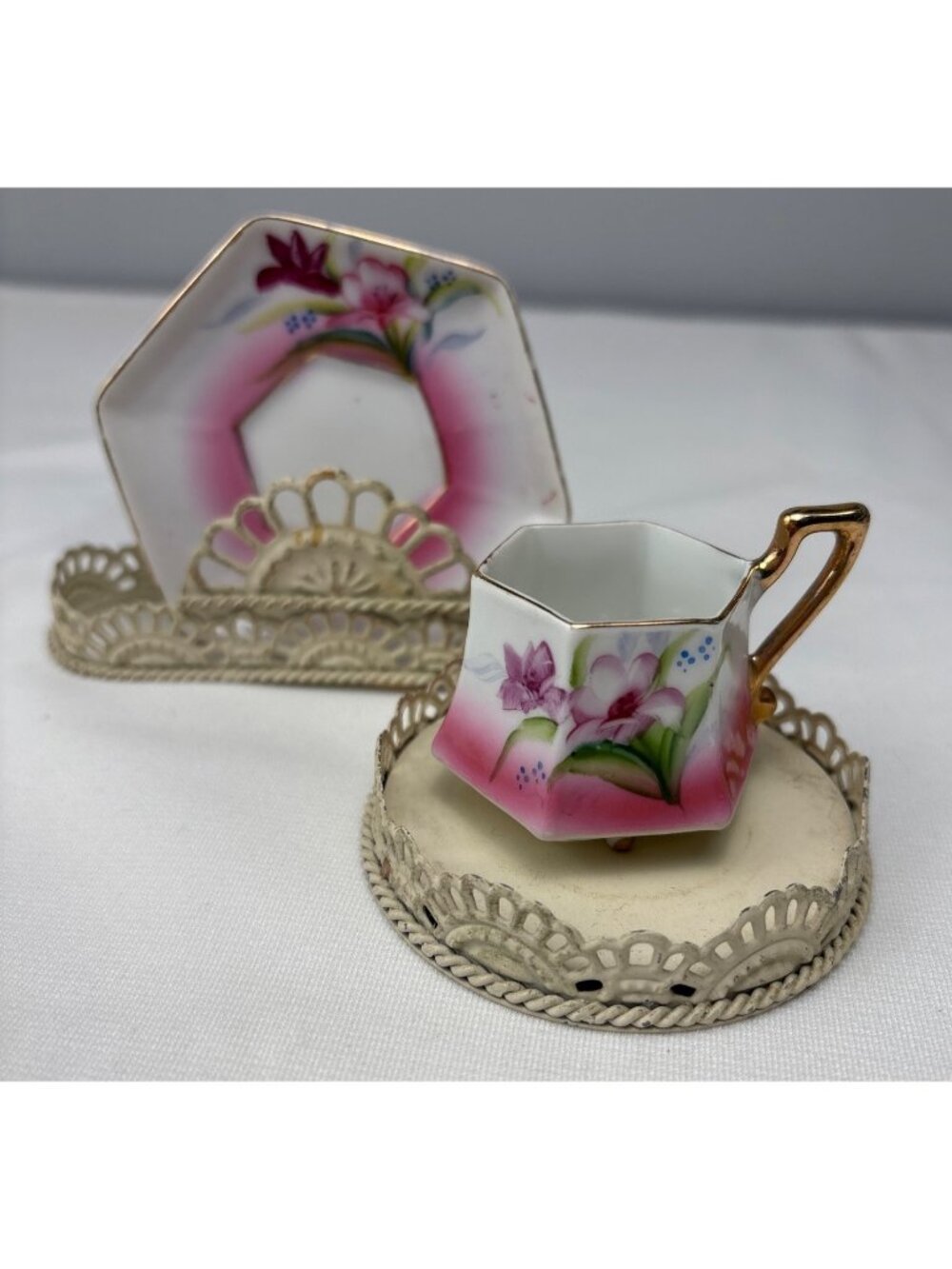 Hand-Painted Japanese Hexagon Teacup & Saucer Pink Floral Gilt Trim Stunner Vtg